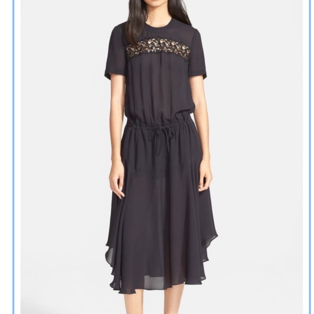 A.L.C. Silk Navy Midi Dress with Black Lace Detail sz 8